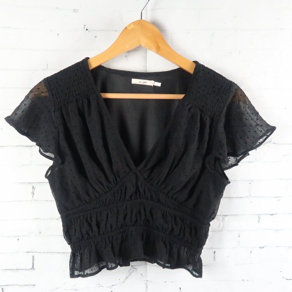 MI AMI BLACK V NECK FLUTTER SLEEVE POLKA DOT DETAIL CROP TOP SIZE SMALL